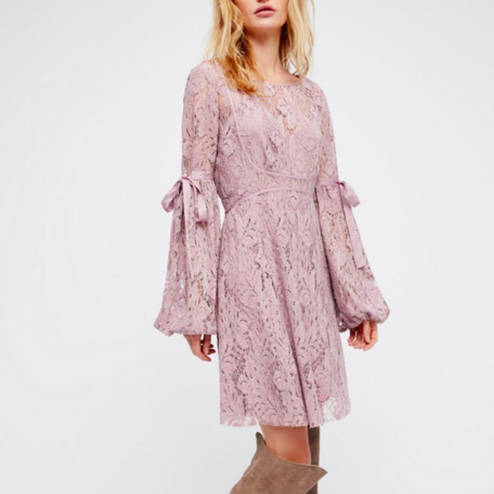 FREE PEOPLE LILAC CROCHET LACE LONG SLEEVE RUBY DRESS - Picture 1 of 5
